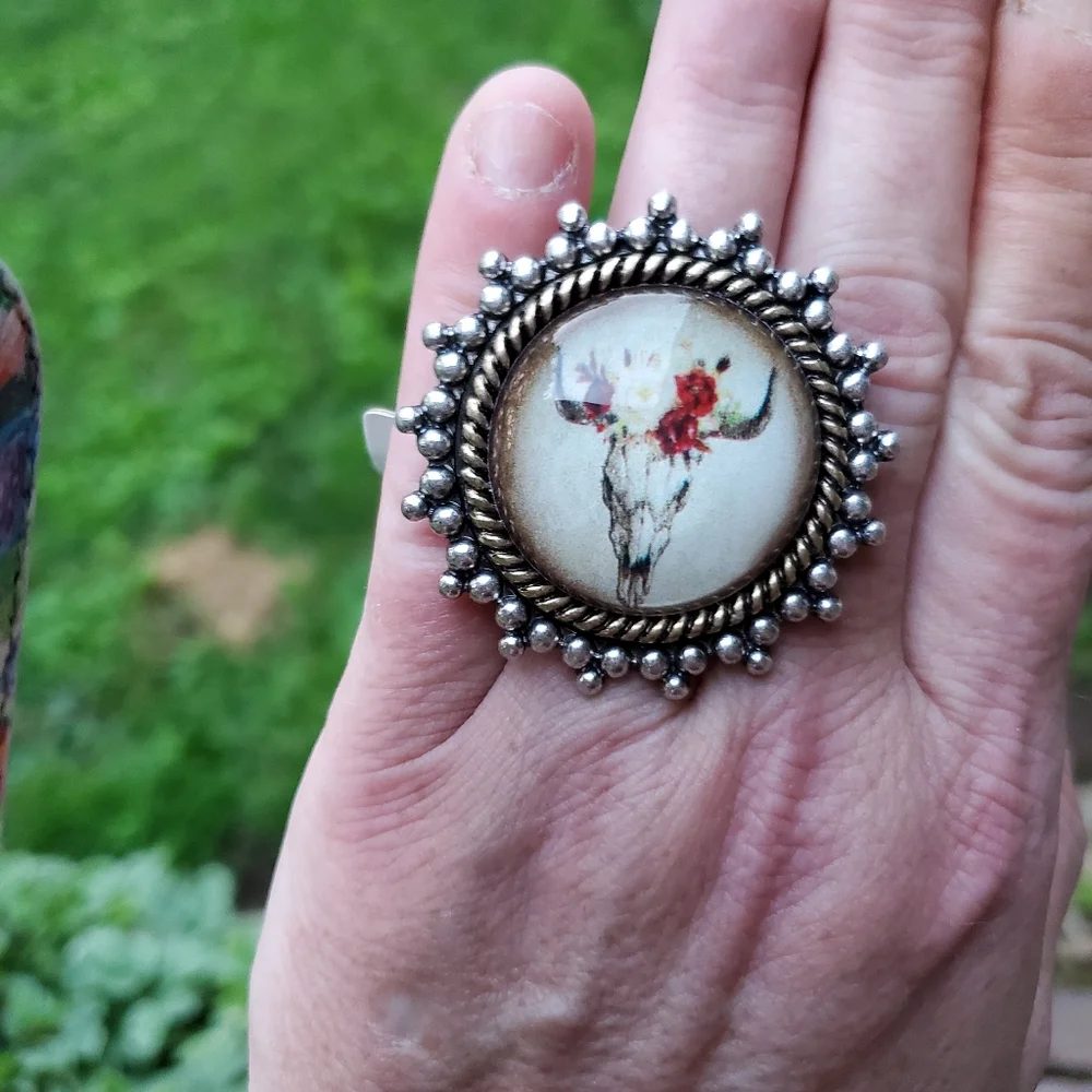 south western Cow Skull Steerhead Bubble Dome boho rustic Statement Ring  nwt